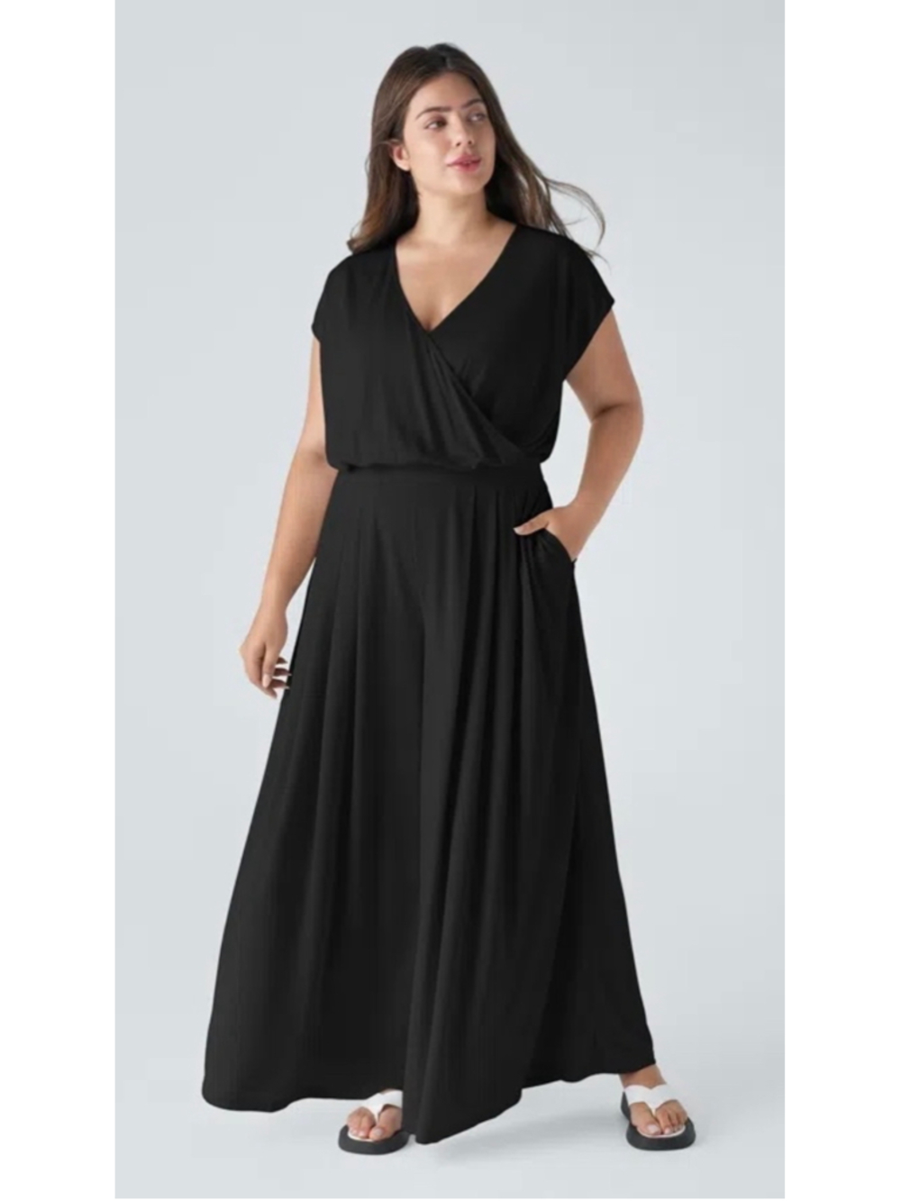 Halara Black Surplice Plus Sz 3X V-Neck Wide Leg Jumpsuit Pockets Travel NWT